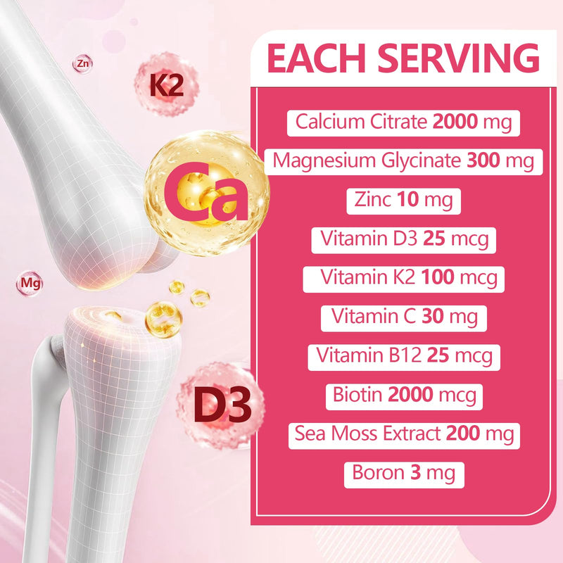 Calcium Citrate Gummies 2000 mg - Calcium Supplement for Women & Men,60 Ct | Plus Vitamin D3, K2, Magnesium, Zinc - High Absorption Supports Bone, Teeth & Immunity - Peach Flavor, Sugar-Free, Vegan 60 Count (Pack of 1)
