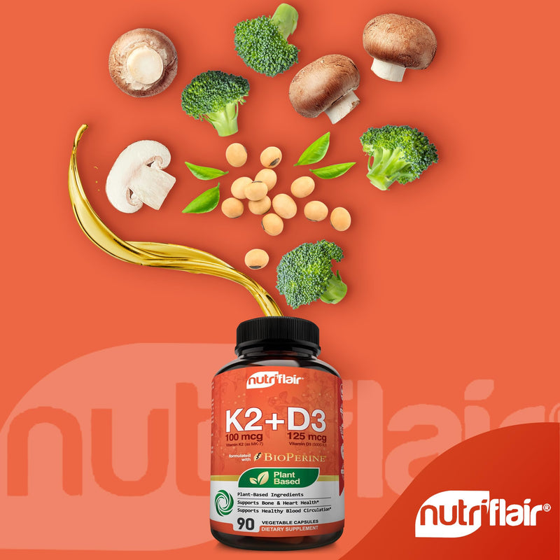 NutriFlair Vitamin D3 + K2-5000 IU D3 / 100 mcg MK7, 90 Capsules | Plant-Based Ingredients, Non-GMO 90 Count (Pack of 1) D3 (5,000 IU) + K2