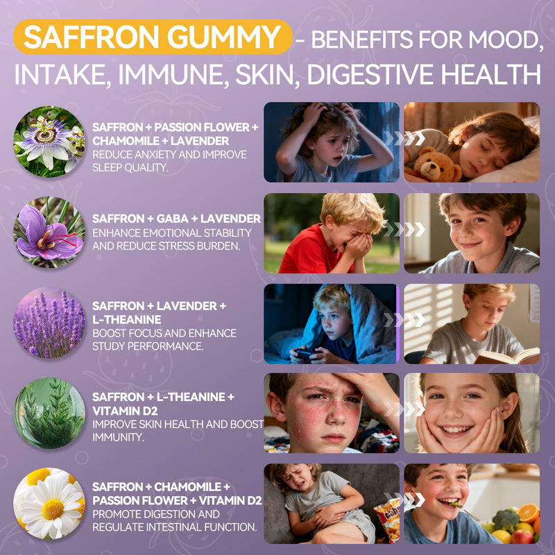 Saffron Gummies for Kids Support Calm Mood & Focus | 100% Pure Organic Saffron Extract Sugar Free Saffron Supplements Gummy for Children, Strawberry Flavor, 60 Gummies