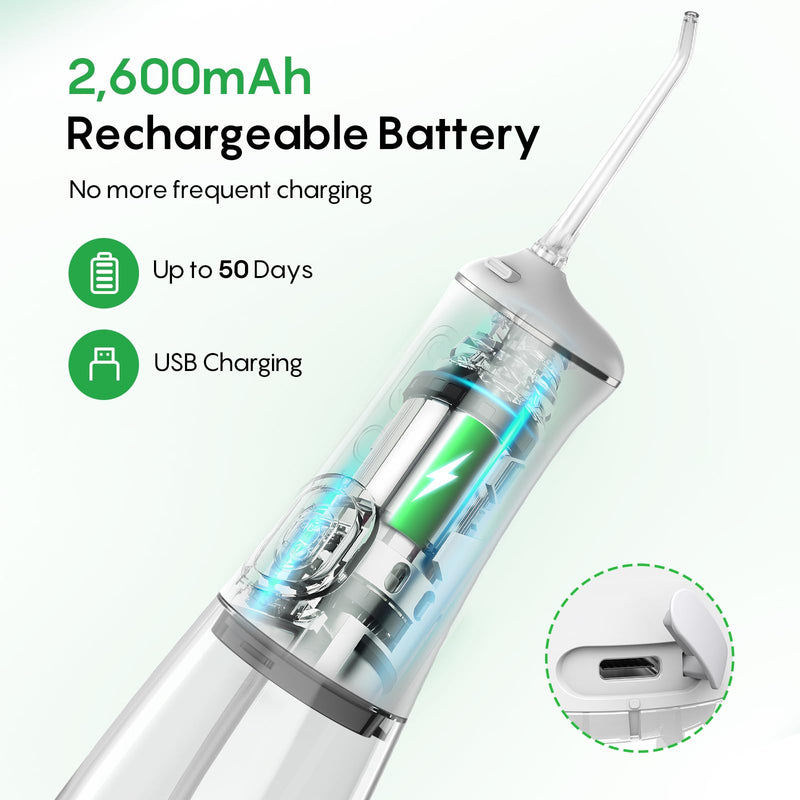 FRESKO Water Dental Flosser for Teeth, 300ML Flosser with Constant Pressure, Rechargeable Oral Irrigator Cleaner for Travel with 5 Jet Tips, IPX7 Waterproof White