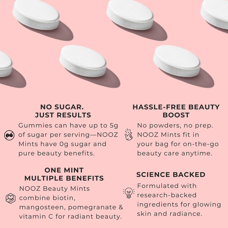 NOOZ Beauty Mints - Sugar-Free Biotin Mint for Glowing Skin, Healthy Hair & Strong Nails - Juicy Pear Flavor | Travel-Friendly Supplement with Antioxidants, Vitamin C, B6 & B12 | Non-GMO, 25 Mints Single Tin - BeesActive Australia
