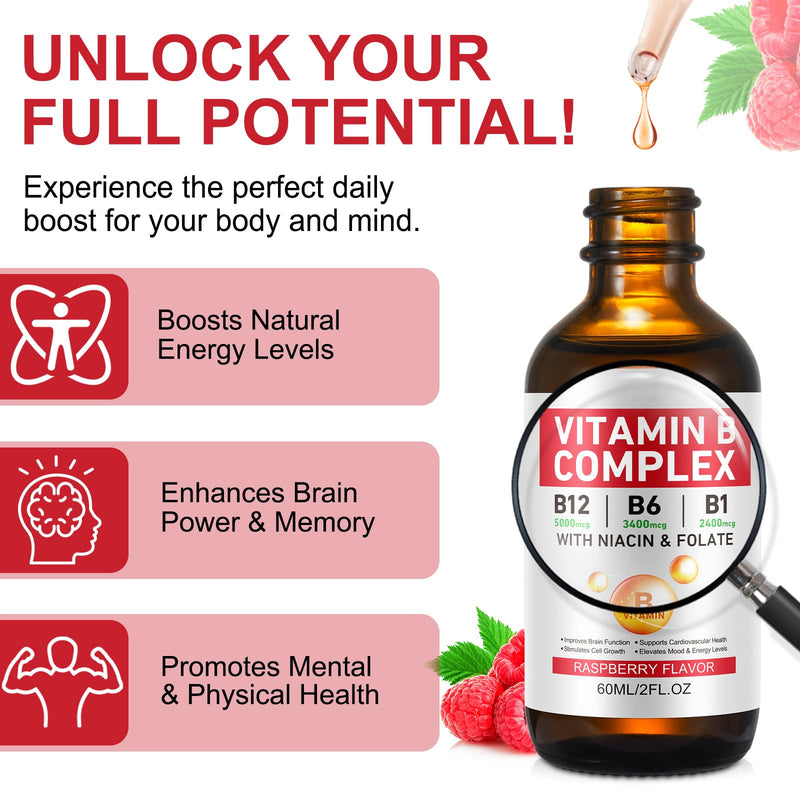 Vitamin B Complex Liquid, Vegan Vitamin B12 Liquid Drops | B12 Methylcobalamin | B1 Thiamine | B6 Pyridoxine | Folic | Niacin - B Complex Liquid Drops, Support Energy, Brain & Heart, 40 Servings