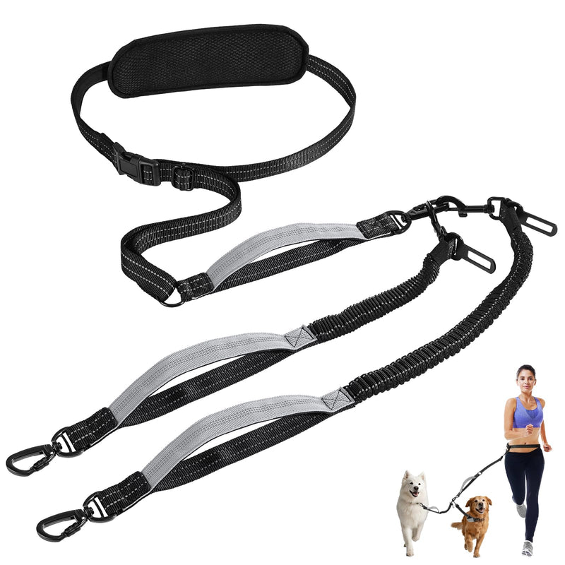 Hands Free Dog Leash, Waist Leash for 2 Dogs, Adjustable Double Hands Free Lead with Detachable Waist Belt, Padded Handles, Shock Absorbing Bungee for Walking Jogging Hiking, Black+Gray 6.9ft