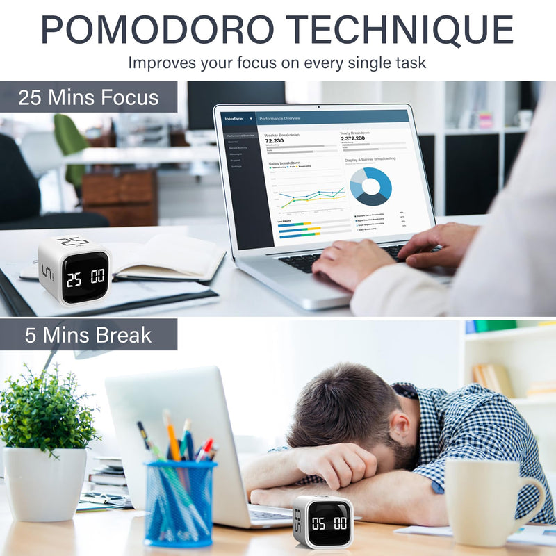 Rotating Pomodoro Timer 5, 25, 10 50 Minutes Preset, Desk Productivity Flip Timer, Cube Countdown Stopwatch for ADHD, Vibration/High/Low Volume, for Work, Study, Back to School, Kitchen, 2 White 2 Pack White