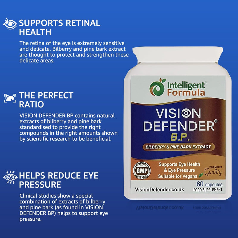 Vision Defender BP - Bilberry & Pine Bark Eye Supplement, 60 Vegan Capsules | Eye Pressure & Eye Health Support, Anthocyanin & Procyanidin Antioxidants, 1-2 a Day, 1-2 Month Supply, Gluten & Lactose Free
