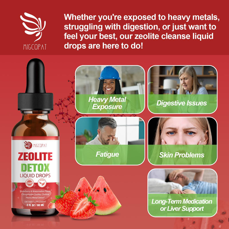 Migcopat Zeolite Detox Liquid Drops with B12, D3 & Vitamin C, 60ml | Pure Body Cleanse Support for Heavy Metals, Natural Zeolite Formula, Strawberry Watermelon Flavor 2 Fl Oz (Pack of 1)