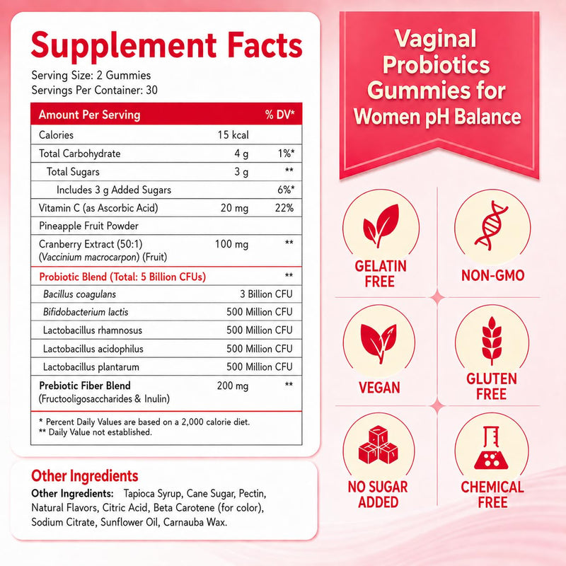 Vaginal Probiotic Gummies for Women, Women's Probiotic with Cranberry and Vitamin C, Supports Feminine pH Balance, Healthy Flora, Digestive & Vaginal Health, 60 Gummies