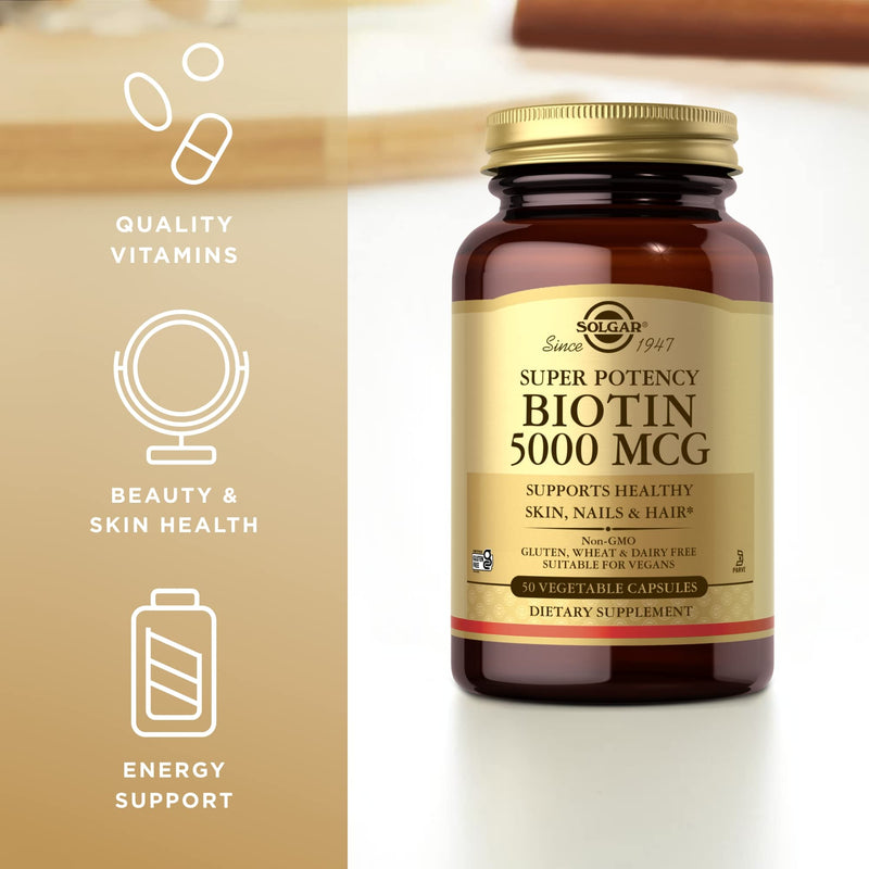 Solgar Biotin 5000 mcg - 50 Vegetable Capsules, Pack of 2 - Supports Healthy Skin, Nails & Hair - Non-GMO, Vegan, Gluten Free, Dairy Free, Kosher - 100 Total Servings