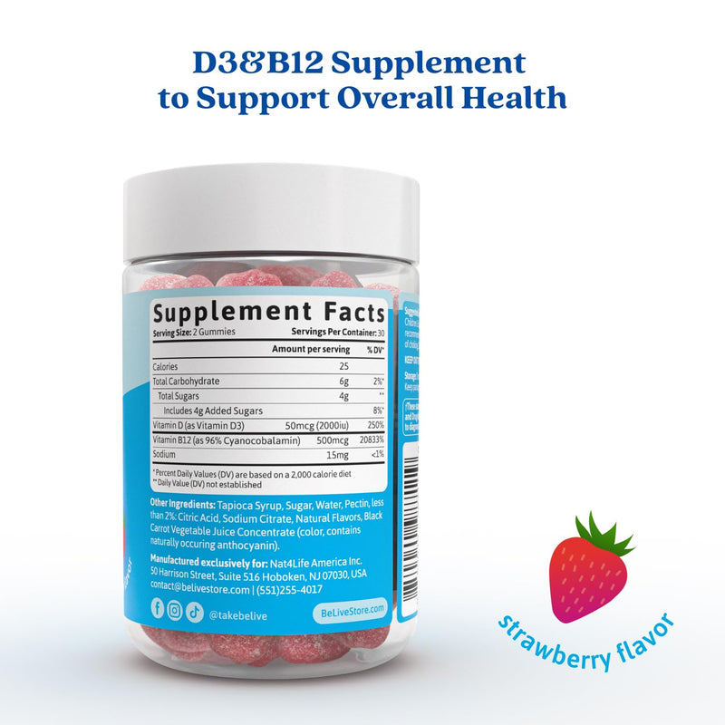 BeLive Vitamin D3 & B12 Gummies, 2000iu, Immune Support Supplement, 60 Ct | Heart Health & Enhanced Bone, Teeth, & Muscle Function - Sunshine Vitamin with Delicious Strawberry Flavor, For Adults & Kids 60 Count (Pack of 1)