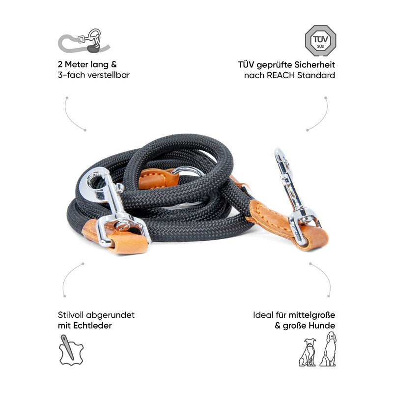 FREUDENTIER dog leash 2m - 3-way adjustable - Robust nylon rounded off with stylish brown leather elements - Leash for medium & large dogs (black) Black - BeesActive Australia