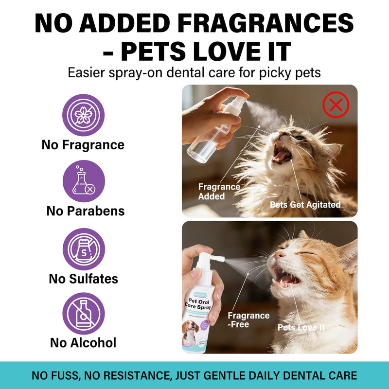 Pet Dental Spray for Dogs & Cats - Fragrance-Free Triple Enzyme & Probiotics Oral Care Mist, Dog Teeth Cleaning, Bad Breath & Tartar Plaque Support, Dental Water Additive for Pet Supplies, 3.38 oz