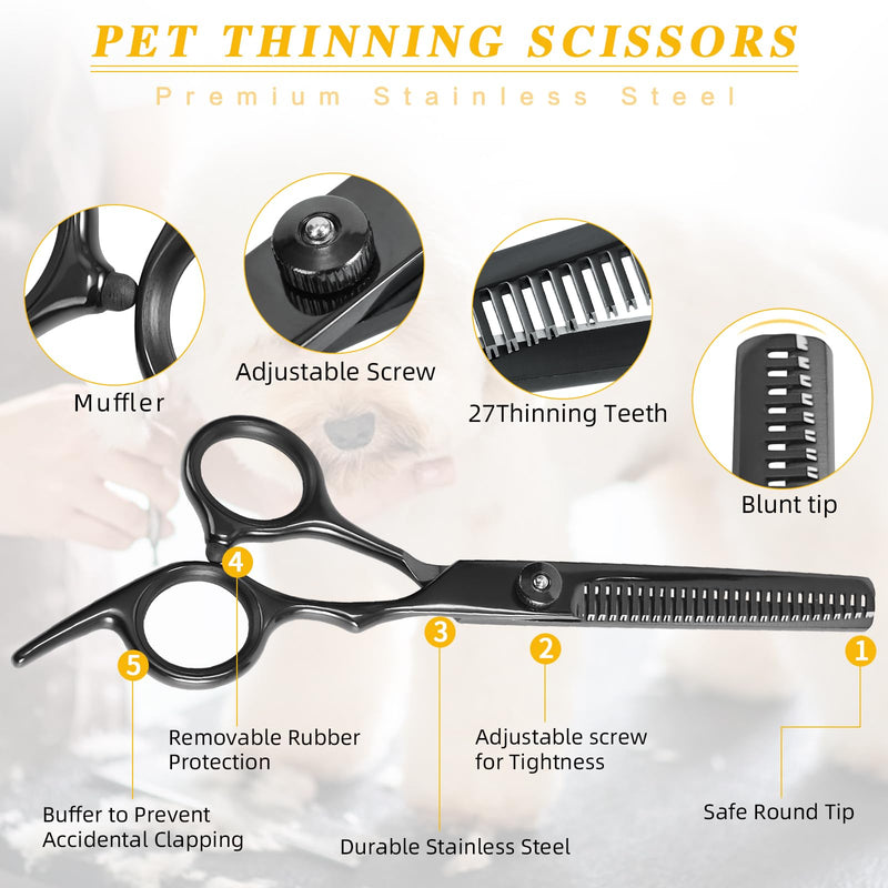 EVERESTA Dog Grooming Scissors with Rounded Safety Tips, Heavy Titanium Pet Grooming Scissors, Professional Thinning Scissors, Straight Scissors with Comb for Dogs and Cats (Black) Professional - BeesActive Australia