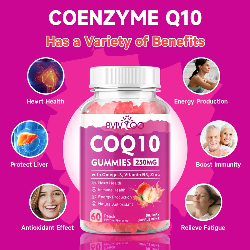Sugar-Free CoQ10 Gummies 250mg, Plus Omega-3, Vitamin B3 & Zinc, Magnesium - High Absorption Coenzyme Q10 Supplements for Heart Health, Cellular Energy, & Antioxidant Support, 60 Count Peach 1Pack