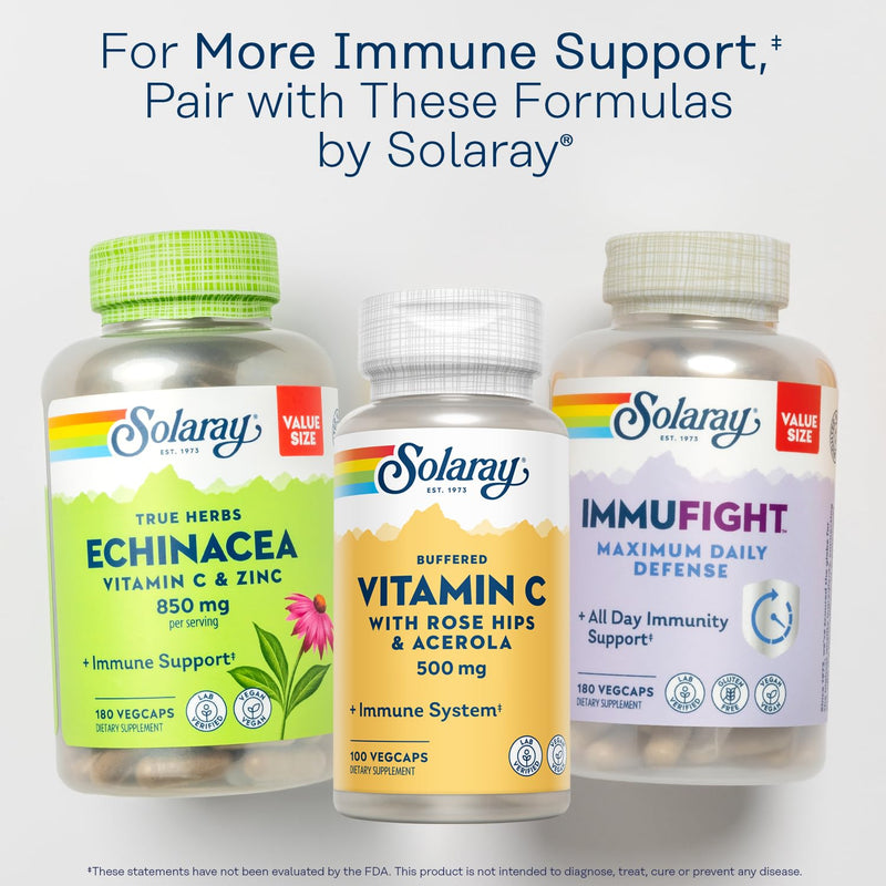 SOLARAY Buffered Vitamin C 500mg w/Rose Hips and Acerola, 100 Servings | Immune Support Supplement, Antioxidant Source - Buffering Base of Calcium, Magnesium for Easy Digestion - Vegan, Lab Verified