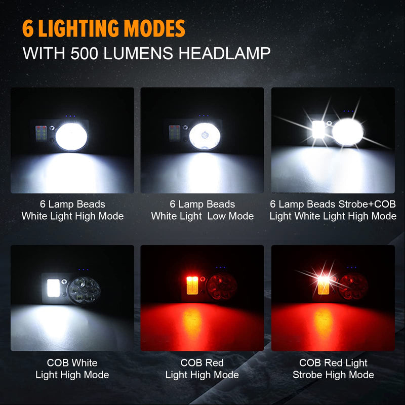 Headlamp Rechargeable, 500 Lumen Super Bright Motion Sensor LED HeadLamp, Headlamp Flashlight with White Red Lights, 6 Modes Lightweight Waterproof Head Lamp for Hiking Camping Essentials
