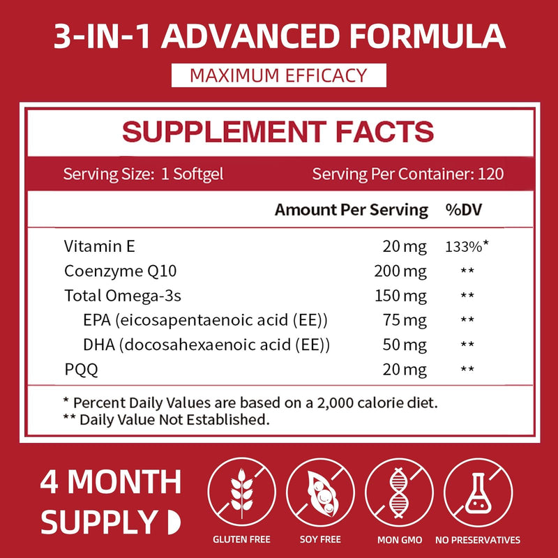 CoQ10 200mg Softgels with PQQ & Omega 3, Maximum Absorption Coenzyme Q10, Powerful Antioxidant for Heart & Energy Health, 120 Count, 4 Month Supply, Non-GMO - BeesActive Australia