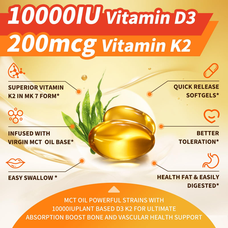 Vitamin D3 K2 10000 IU w/ MK7 for Bone, Immune & Heart Health, 250 Softgels | Plant-Based D3 from Lichen, All-Trans K2 MK7 & Virgin Coconut MCT Oil for Calcium Absorption, Bone & Immune Support 250 Count (Pack of 1)