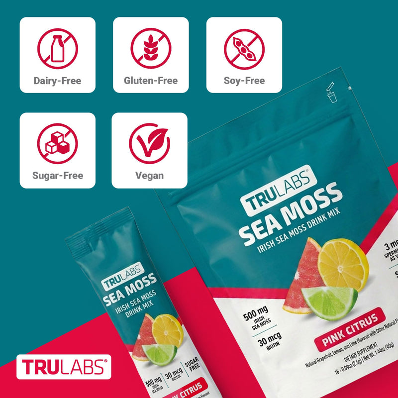 TRULABS Irish Sea Moss Powder Drink Mix – Pink Citrus Flavor, 500 mg Wildcrafted Sea Moss with 30 mcg Biotin and 3 mg Spermidine, Sugar-Free (16 Stick Packs)