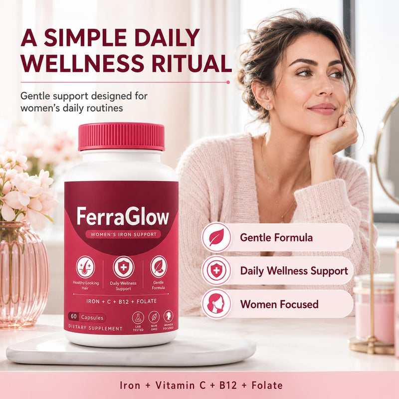 FerraGlow Iron Support Capsules for Women, 60 Count | Iron Bisglycinate, Lactoferrin, Vitamin C B12, Gentle Absorption Formula, Daily Wellness Hair Energy Support