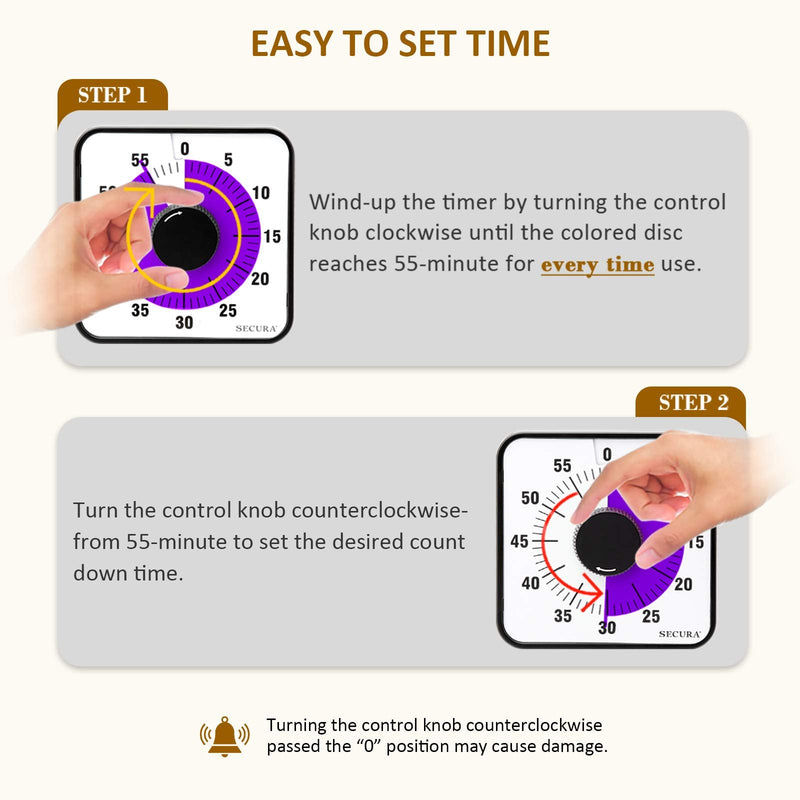 Secura 60-Minute Visual Countdown Timer, 7.5-Inch Oversize Classroom Visual Timer for Kids and Adults, Durable Mechanical Kitchen Timer Clock with Magnetic Backing (Purple) Purple & Black
