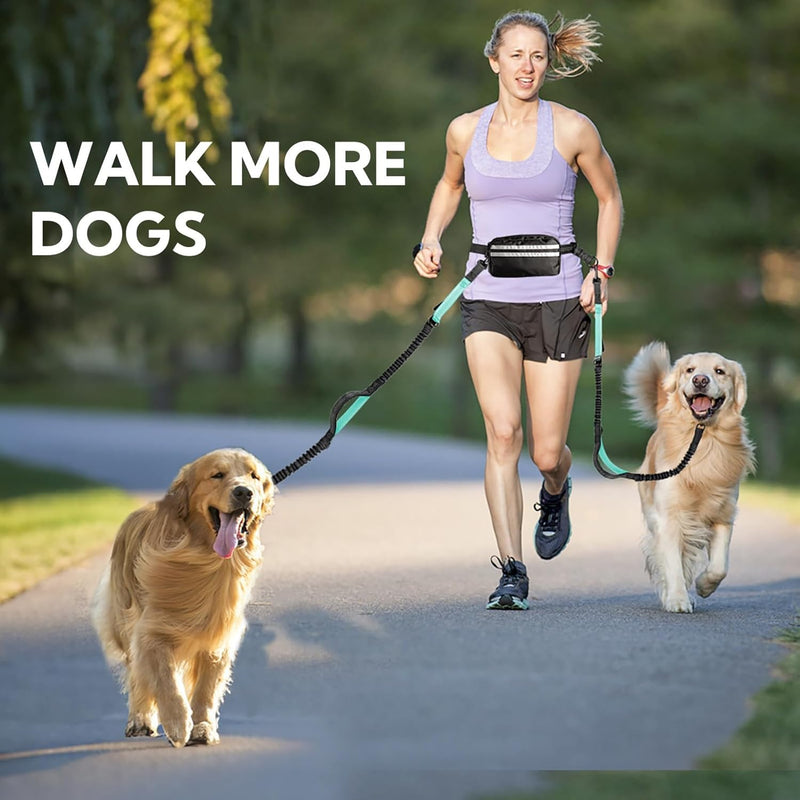 Hands Free Dog Leash with Pouch, Retractable Bungee, Double Padded Handles for Walking, Waist Leash for Medium & Large Dogs, Walking Accessories (Black Mint Green, 2 Leashes) Black mint green