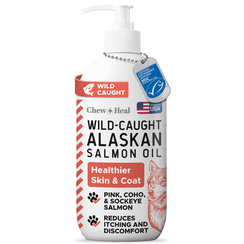 Wild Alaskan Salmon Oil for Dogs & Cats 16 oz - Omega 3 Dog Fish Oil, EPA DHA for Skin & Coat, Itch Relief, Joint and Heart Health - MSC Certified, Made in USA, Pump Bottle - Chew + Heal 16oz