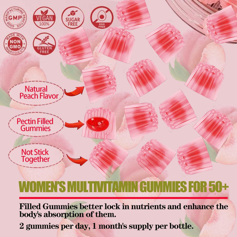 Womens Multivitamin 50 Plus Gummies - Methylated Multivitamins Gummy | with Vitamin A C D3 E K2, B Complex, Calcium, Magnesium, Zinc, Folate, Biotin - Multi Vitamins & Minerals - Sugar-Free Peach 60 Count (Pack of 2)