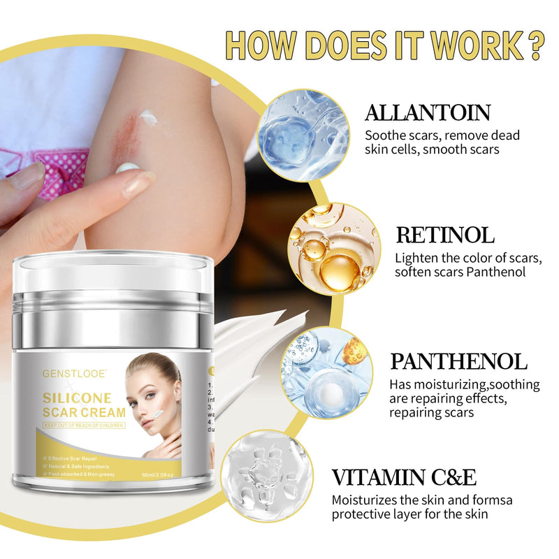 Advanced Scar Cream, Silicone Gel for Scars, Professional Scar Removal Cream for Surgical Scars, Stretch Marks, Old and New Scars, Keloids, Acne, Burns, 2 oz(60ml)
