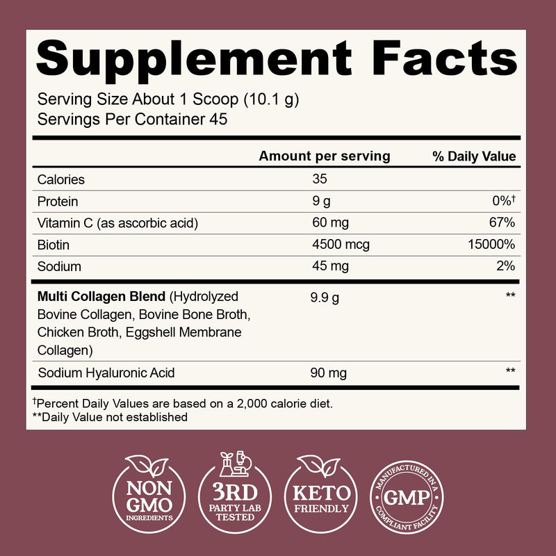 Multi Collagen Powder with Biotin, Hyaluronic Acid & Vitamin C, 16oz | Hydrolyzed Collagen Supplement Types I, II, III, V, X - Supports Hair, Skin, Nails for Women - Non GMO, 3rd Party Lab Tested 1 Pound (Pack of 1)