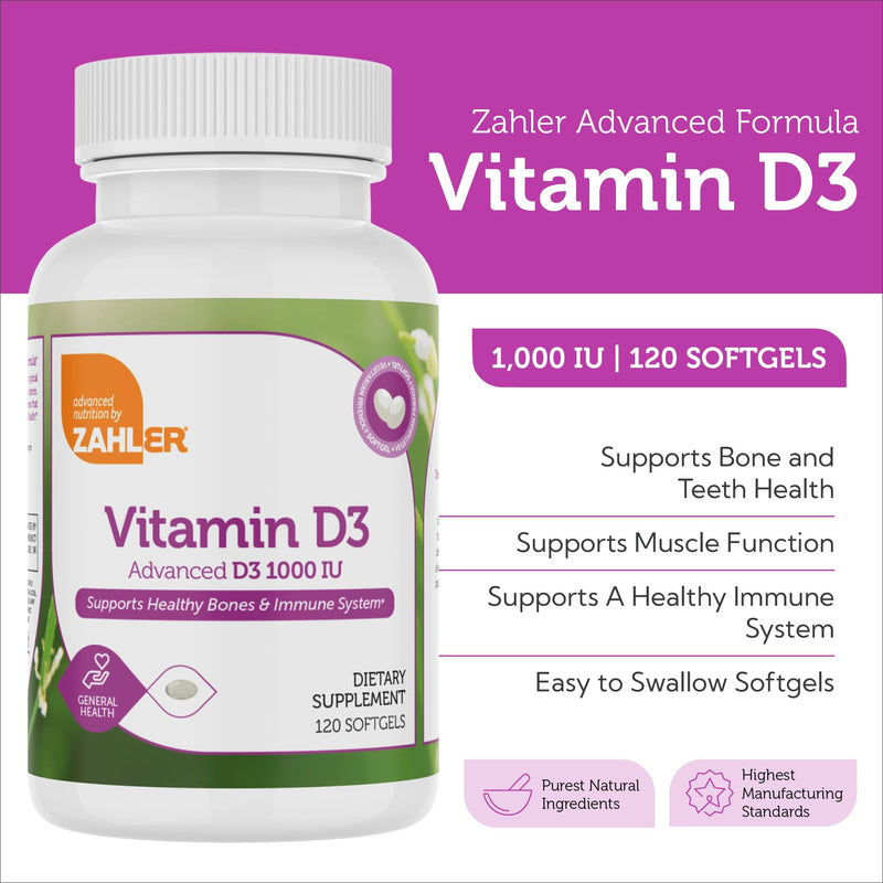 Zahler - Advanced Vitamin D3 1000 IU Softgels (120 Count) Kosher Vegetarian Friendly Vitamin D for Immune Support, Bone, Teeth & Muscle Health - Easy Swallow VIT D 3