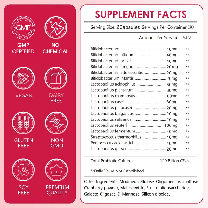 CANLIST Women's Probiotics 120 Billion CFUs 18 Strains 3 Prebiotics & Digestive Enzymes Contains Organic Prebiotic Cranberry Women's Health Digestive & Immune Support Non-GMO, 60 Capsules 60 Count (Pack of 1)