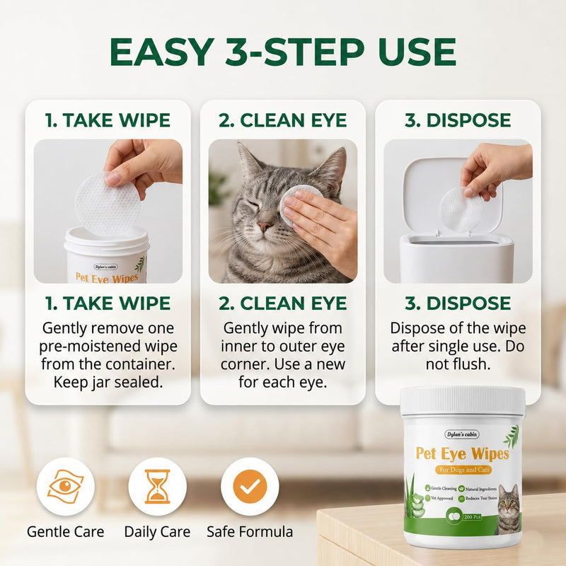 Dylan's cabin Eye Wipes for Cats - 200 Count Soft Round Dogs Eye Cleaning Pads, Alcohol Free pH Balanced Daily Tear Stain Wipes Remove Discharge and Crust pet eye wipes