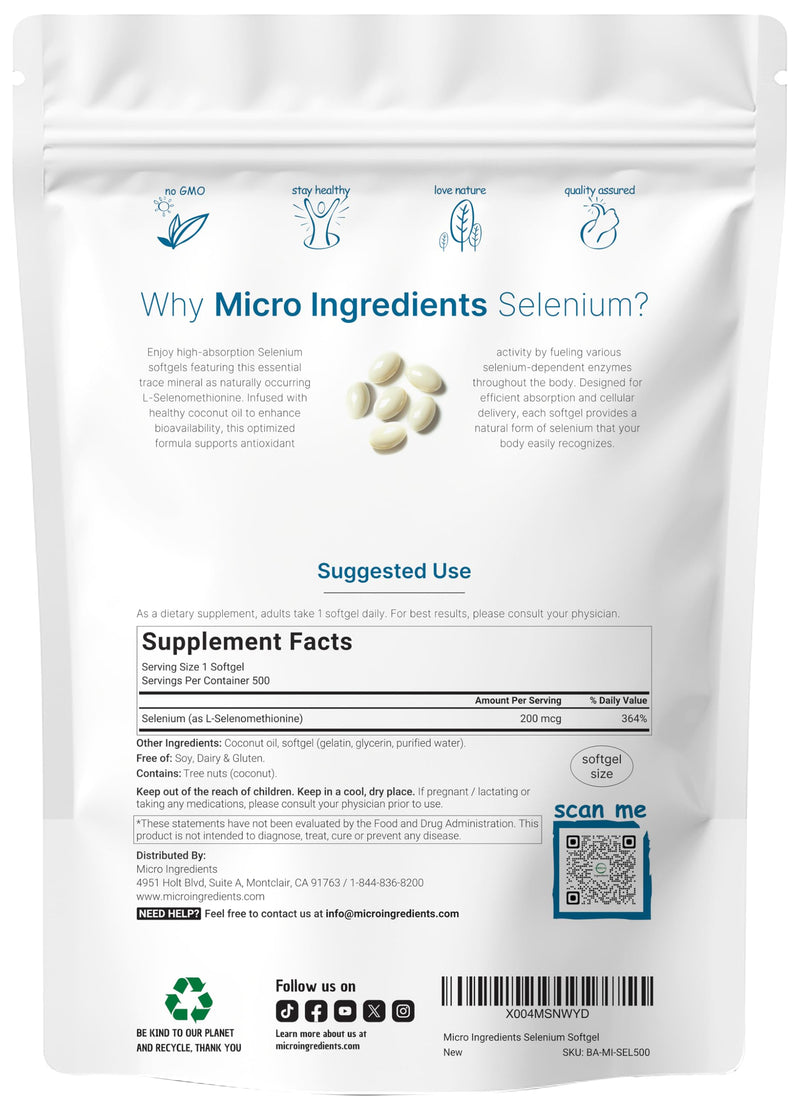 Micro Ingredients Selenium Supplements for Women & Men 200mcg, 500 Softgels with Coconut Oil | Essential Trace Mineral as Selenomethionine | Antioxidant for Energy, Heart, & Immune Support
