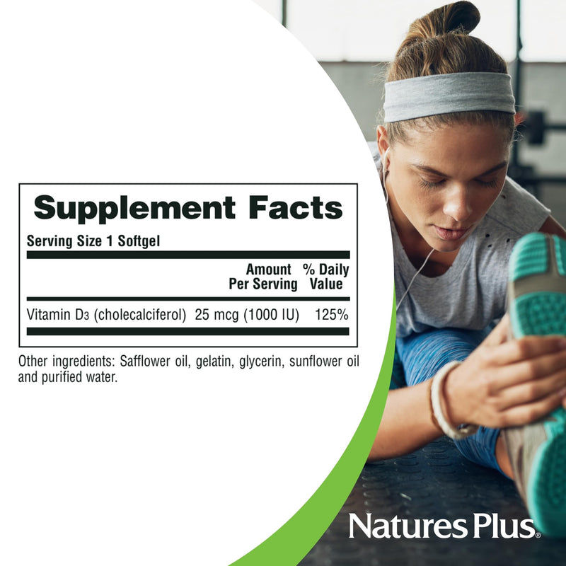 NaturesPlus Vitamin D3 1000 IU - 180 Softgels - Bone Strength & Immune Support - 180 Servings
