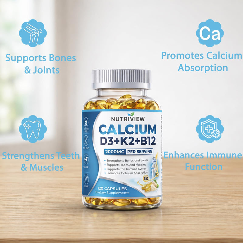 Nutriview Calcium D3 + K2 + B12 Softgels, 2000mg Suplemento De Calcio, Glucosamina + Condroitin Added, Strengthen Bones and Teeth, Boost Energy, Vegen, Non-GMO, 120 Capsules (1) 1