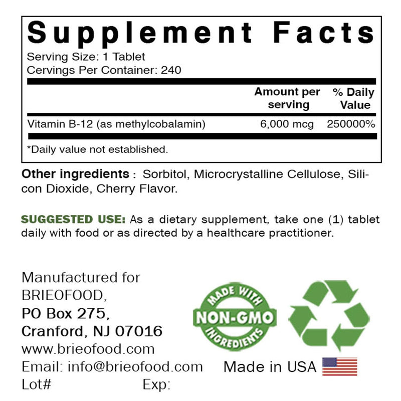 Brieofood Vitamin B-12 (Methycoballamin) 6000 mcg- 240 Tablets. Non-GMO, and Gluten Free (Pack of 2) 240 Count (Pack of 2)
