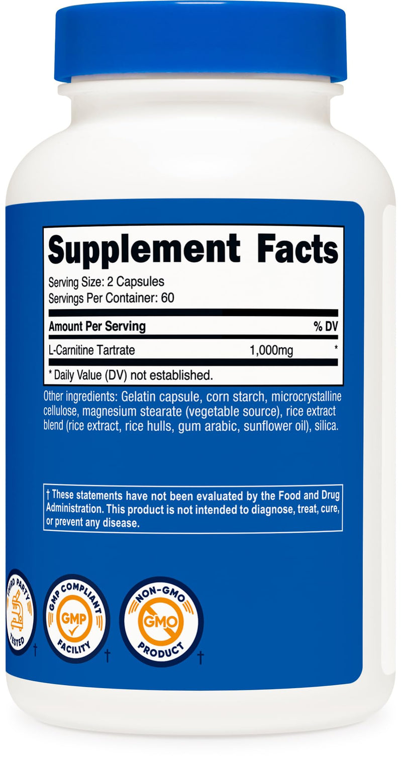 Nutricost L-Carnitine Tartrate 1000mg, 120 Capsules, 60 Servings | 500mg Per Capsule 120 Count (Pack of 1)
