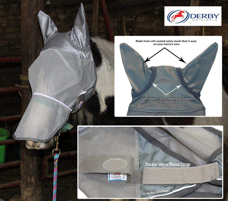 Derby Originals Reflective Fly Mask with One Year Warranty - with Ears and Nose Cover X-Large (Oversized/Warmblood) Grey - BeesActive Australia