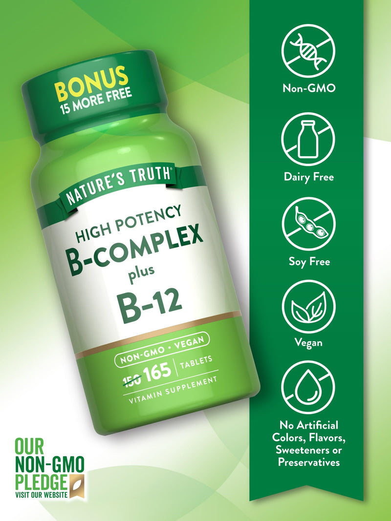 Nature's Truth Vitamin B Complex | 165 Tablets | Plus B12 | Vegan & Non-GMO Supplement Unflavored 165 Count (Pack of 1)