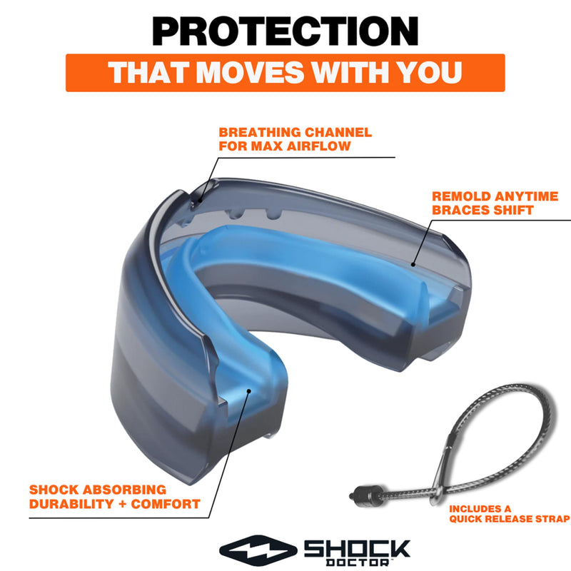 Shock Doctor Braces Football Mouth Guard, Upper and Lower Teeth. Convertible, Ultra Double Protection, Comfortable and Durable Mouthguard. Black