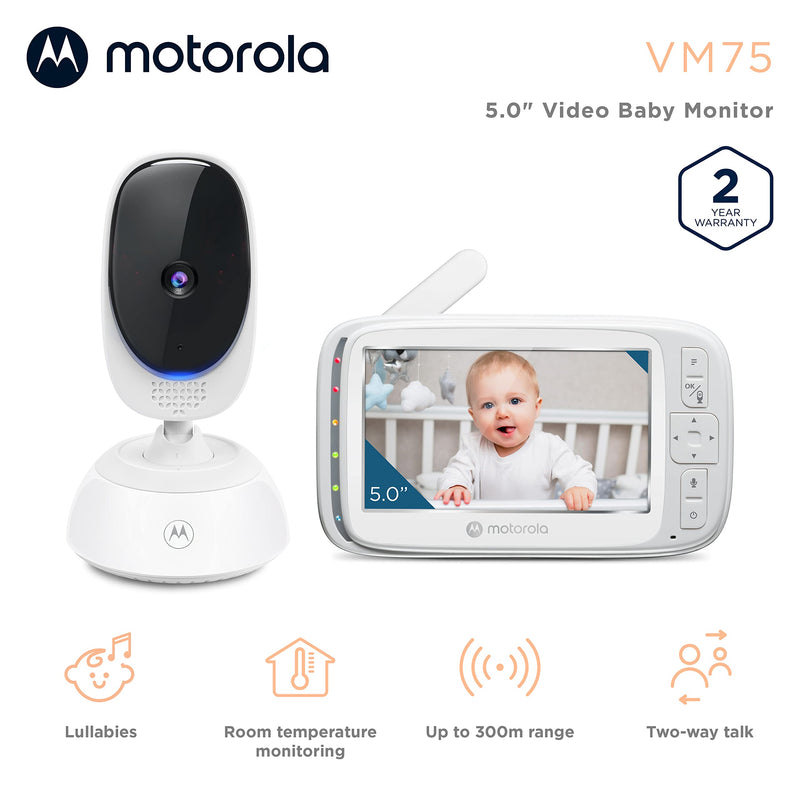 Motorola VM75 Indoor Video Baby Monitor with Camera - 480x272p, 1000ft Range 2.4 GHz Wireless 5" Screen, 2-Way Audio, Remote Pan, Digital Tilt, Zoom, Room Temperature Sensor, Lullabies, Night Vision 1 Camera (2021 Model) - BeesActive Australia