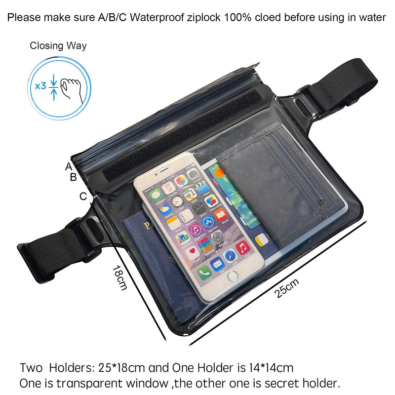 DRLOKPAK Waterproof Waist Pouch Fanny Pack Bum Bag Hip Pouch for Swim Surf Sail Snorkel Kayak Beach Pool to protect Wallet Passport Phone watch eReader mini tablet Dry (Black) Black