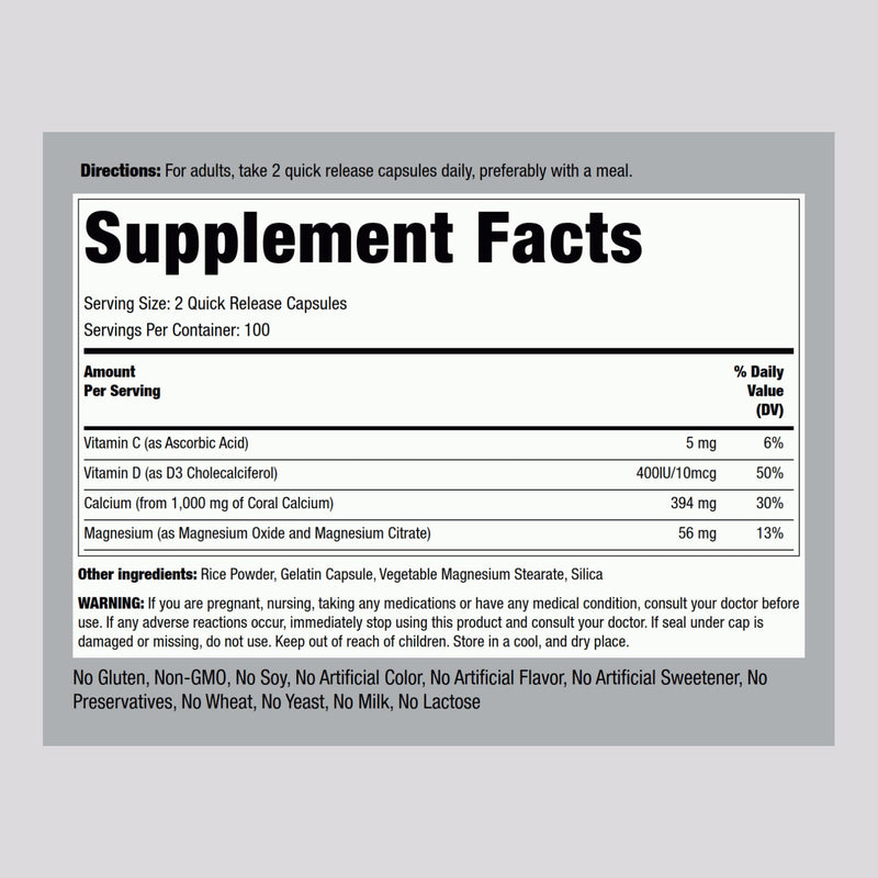 Piping Rock Coral Calcium 1000 mg | 200 Capsules | Bone Formula Complex | With Vitamin D, C, and Magnesium | Non-GMO, Gluten Free Supplement