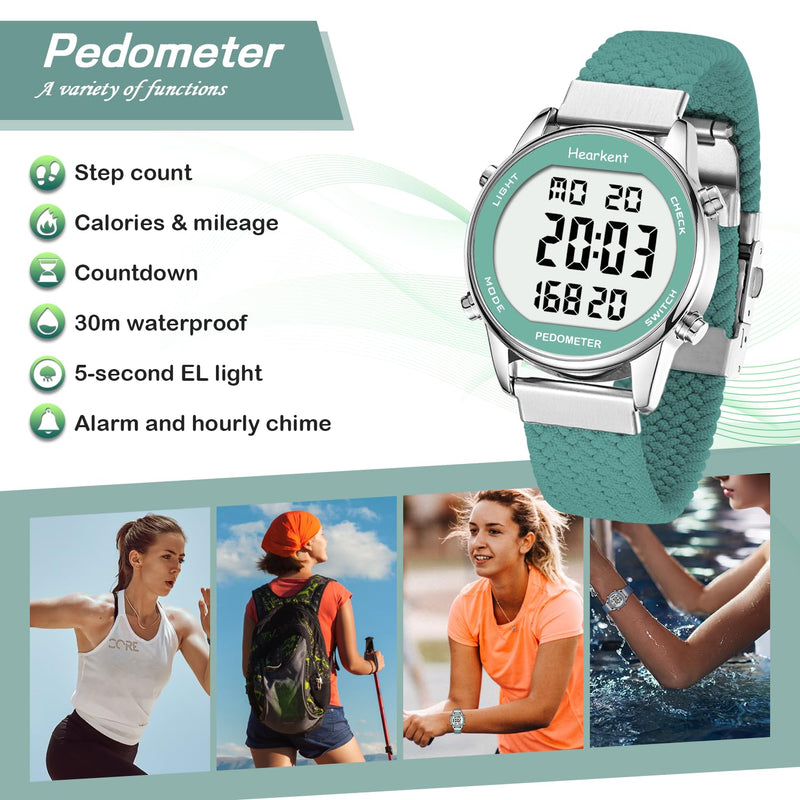 Hearkent Women Pedometer Watch for Walking Steps and Miles-Step Counter for Calories,30M Waterproof-EL Backlight-Countdown-Stopwatch-No App Step Tracker for Adults Seniors Green