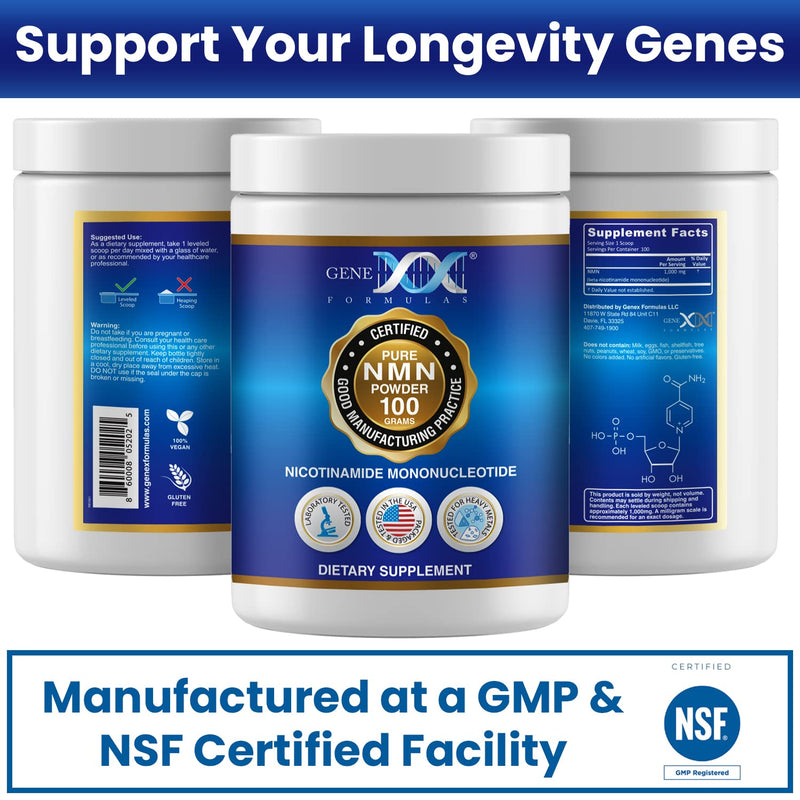 Genex Formulas Pure NMN Powder 1 Gram Dose 99.9% Pure NMN, 100 Grams | Instant Dissolve, Shelf Stable, Non-Synthetic, PVP Free, Ultra-Low Density, Made in a US-Based, GMP, NSF Certified Facility 1 Pack 100 g
