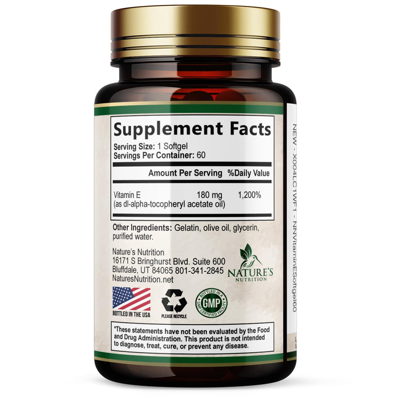 Vitamin E 180mg Per Serving - E Vitamins DL-Alpha, Antioxidant-Rich Dietary Supplement for Skin, Heart, and Immune Support, USA Bottled, Easily Absorbed, Non-GMO & Gluten Free - 60 Softgels 60 Count (Pack of 1)