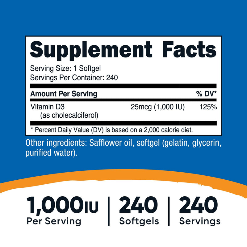 Nutricost Vitamin D3 (1000iu) Softgels, 240 Softgels, Gluten Free | GMO-Free