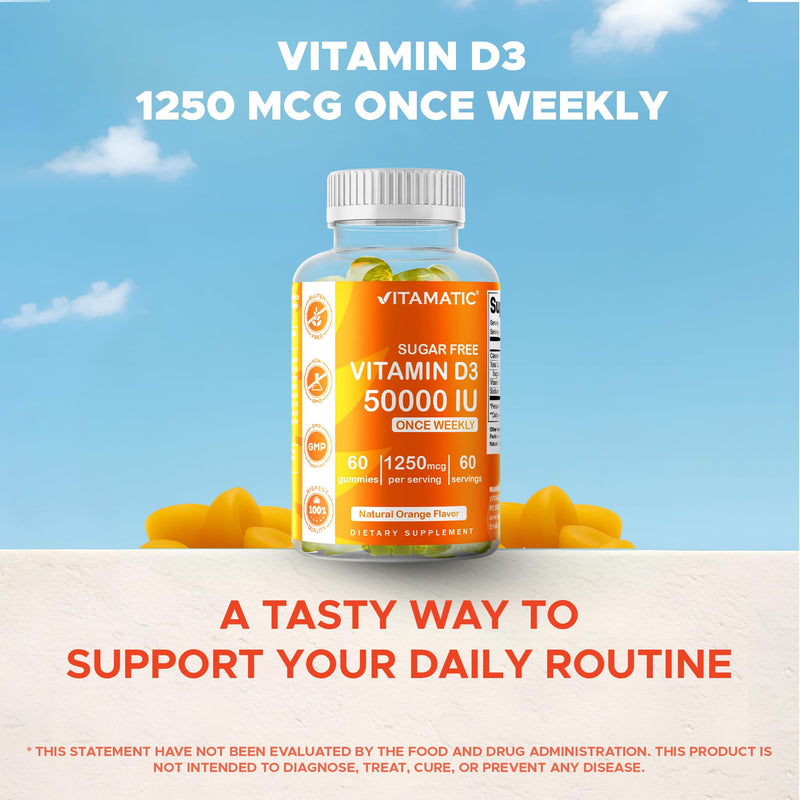 Vitamatic Vitamin D3 50,000 IU, 60 Natural Orange Flavor Gummies | 1250 mcg Cholecalciferol, Once Weekly Serving, Gluten Free, Non GMO 60 Count (Pack of 1)