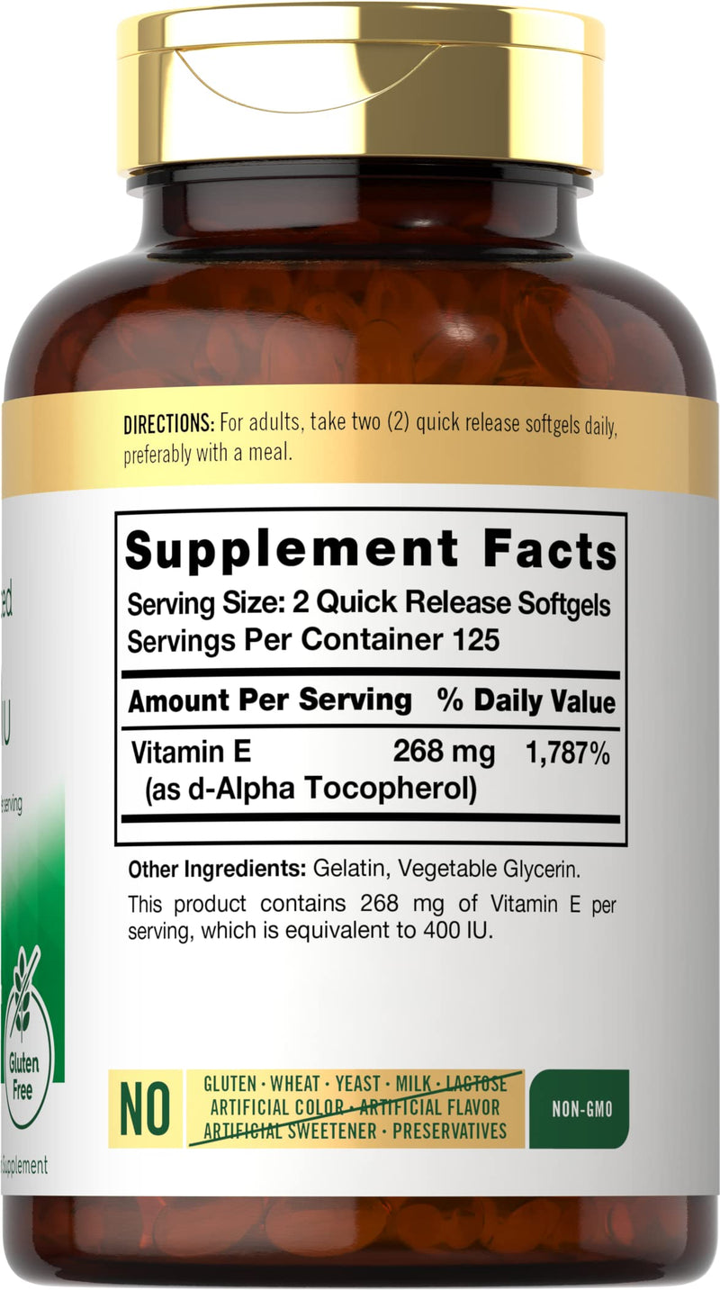 Carlyle Vitamin E 400 IU Softgels | 250 Count | Naturally Sourced | Non-GMO and Gluten Free - BeesActive Australia