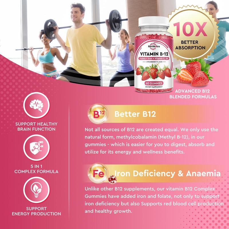 Vitamin B12 Gummies - 5000 mcg Methylcobalamin with Iron, Vitamin C, D3 & Folate, Energy Support and Metabolism, Immune, B-12 Complex Chewable Supplement for Men & Women,Strawberry Flavor Strawberry 60 Count (Pack of 1)